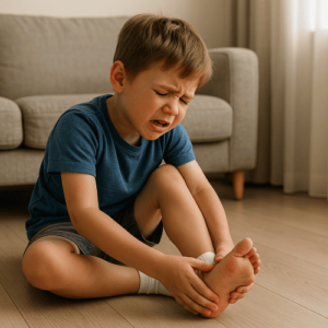 シーバー病で踵を痛がる子供の画像